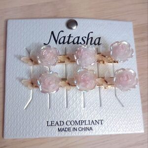 Natasha Rose Pink Pearlescent Crystal Floral Gold Hair Pin Accessory Y2K